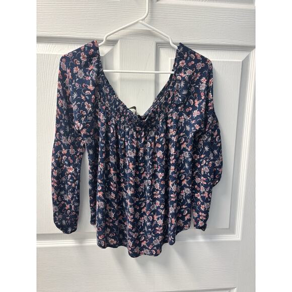 Jondie Navy Blue Floral Off The Shoulder Whimsey Goth Shirt Size S - Picture 1 of 4
